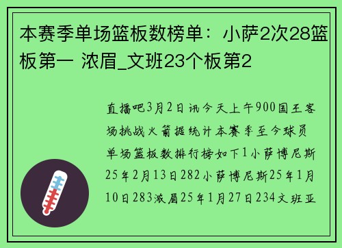 本赛季单场篮板数榜单：小萨2次28篮板第一 浓眉_文班23个板第2